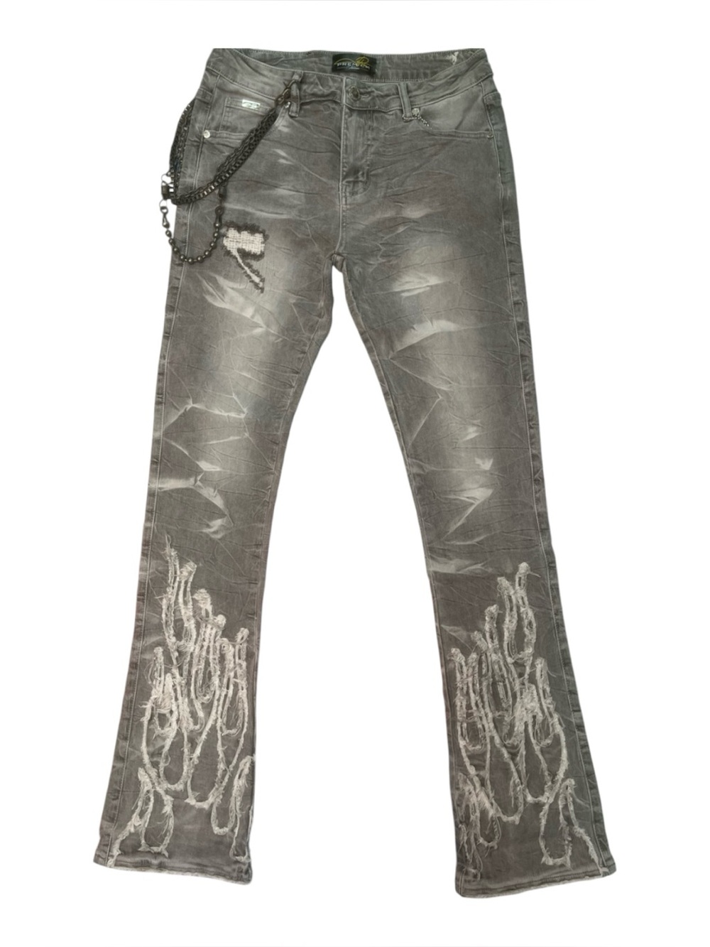 Sz 32 Grey Distressed Men's Jeans with Chain stack jeans